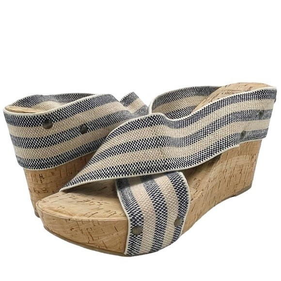 Lucky Brand Miller II Cross Strap Cork Wedge Blue Cream Stripe Women’s Size 9.5 - Picture 4 of 16
